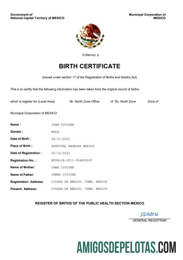 Em branco modelo Word e PDF de certidão de nascimento no México